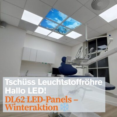 Tschüss Leuchtstoffröhre – Hallo LED! ❄️ Dentled DL62 LED-Panels – Winteraktion Statt 159 € – jetzt nur 89 €! Die perfekte Beleuchtung für die dunkle Jahreszeit: ✔ Volles Tageslichtspektrum für mehr Energie ✔ Flimmerfrei & augenschonend ✔ Natürliches Licht mit perfekter Farbwiedergabe (CRI > 97) ⚡ Begrenzte Stückzahl – nur solange der Vorrat reicht!
