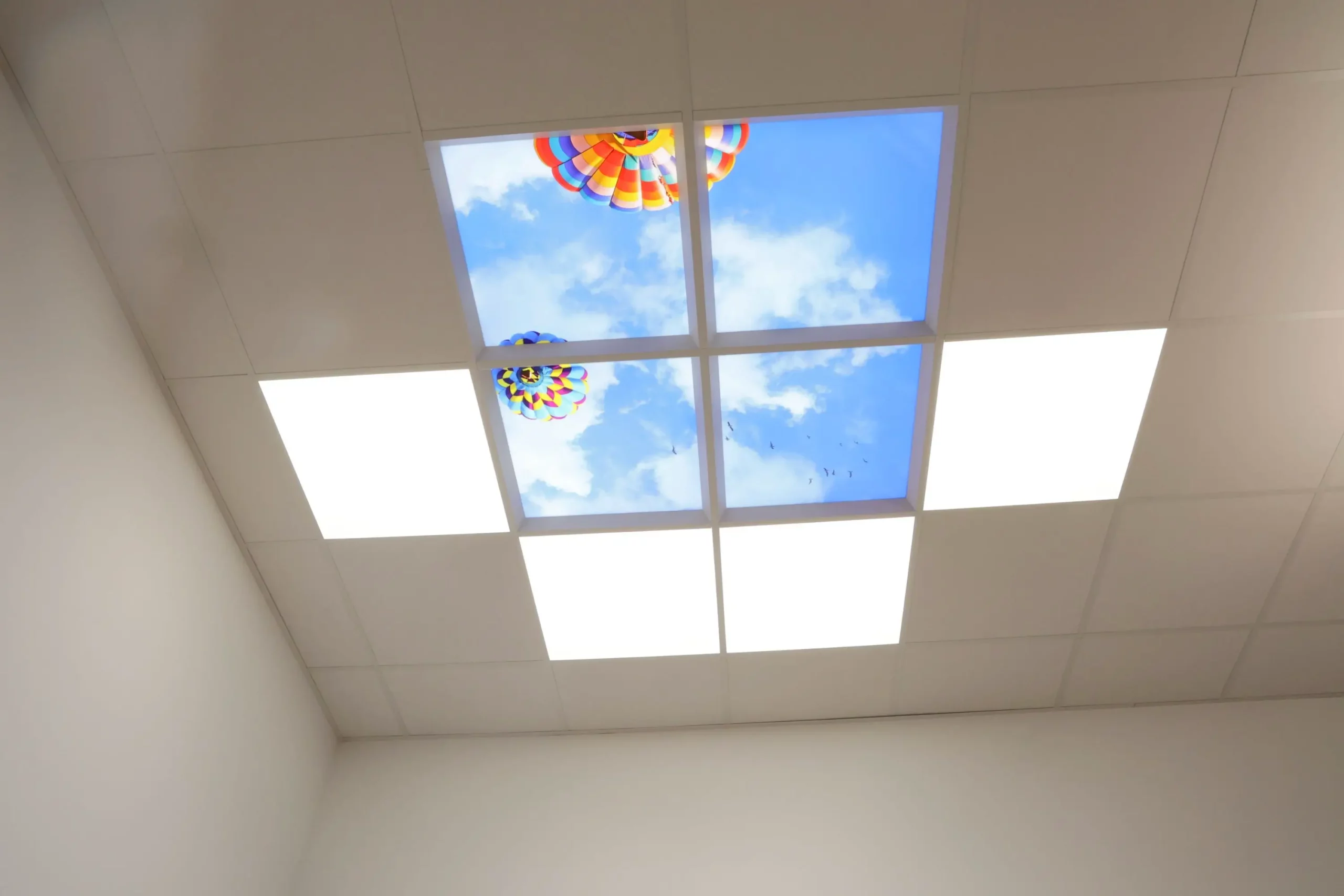 Moderner M+W Dental Showroom in Büdingen mit A-dec-Behandlungseinheiten, Dentled DL62 Vollspektrum-LED-Panels, Fotopaneelen und gleichmäßiger natürlicher Tageslichtbeleuchtung.