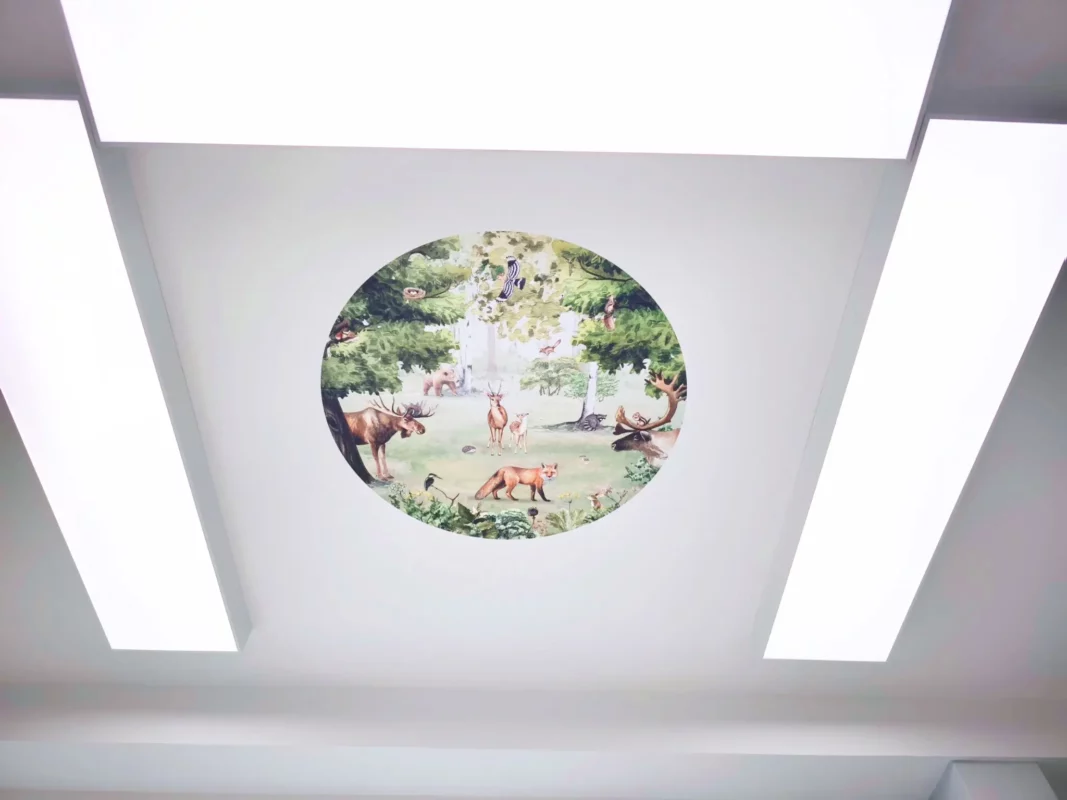 Behandlungsraum in der Zahnarztpraxis Wendland mit DL120 Vollspektrum-LED-Panels (5000K) und beruhigenden Deckenmotiven über dem Patientenstuhl.