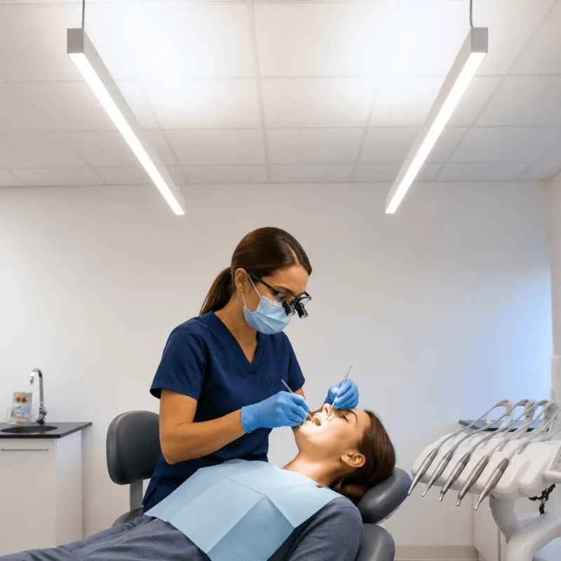 Ergonomische Beleuchtung im zahnärztlichen Behandlungsraum zur Verbesserung des Sehkomforts und zur Reduzierung der Augenbelastung für Zahnärzte